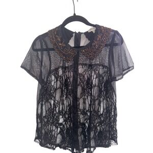 REMAIN Black Lace Mesh Beaded Collar Blouse Short Sleeve Sheer Top Small